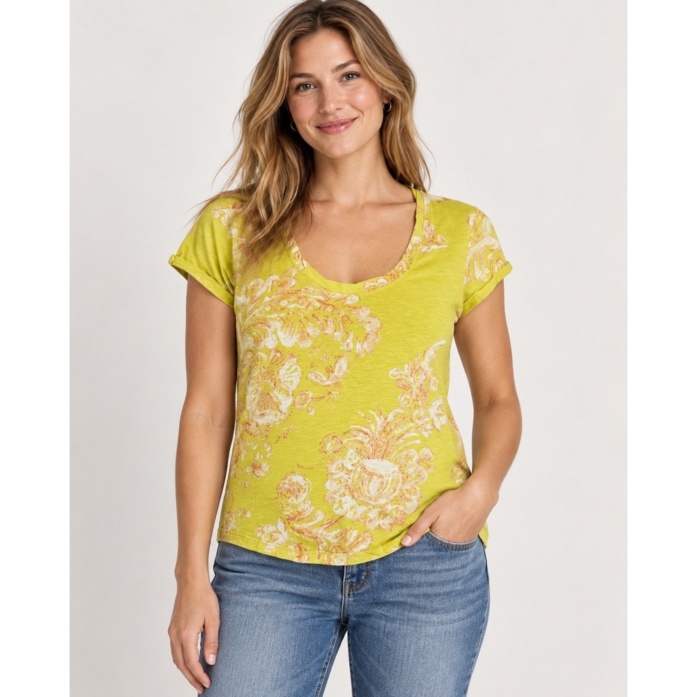 Pilcro Anthropologie Medium Yellow Floral Paisley Cotton Scoop Neck Tee Shirt